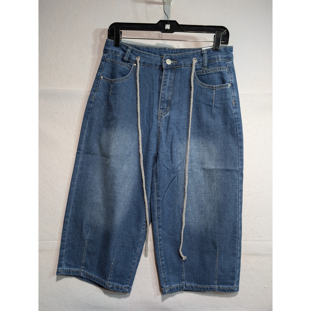 Temu Blue Wide Leg Denim Capri Jeans Drawstring Waist Size L